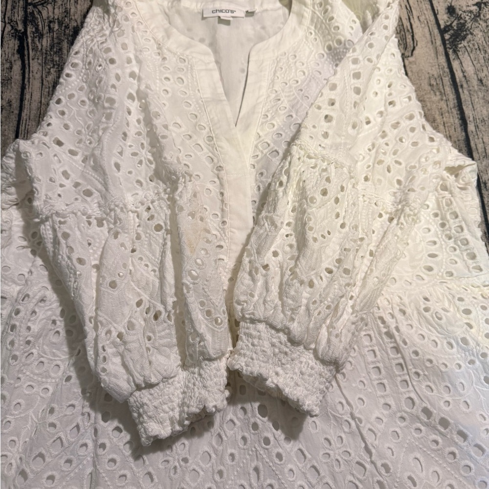 Chico’s White Eyelet Tiered V Neck Dress 12 Cottagecore Cotton Summer Spring - Picture 17 of 17